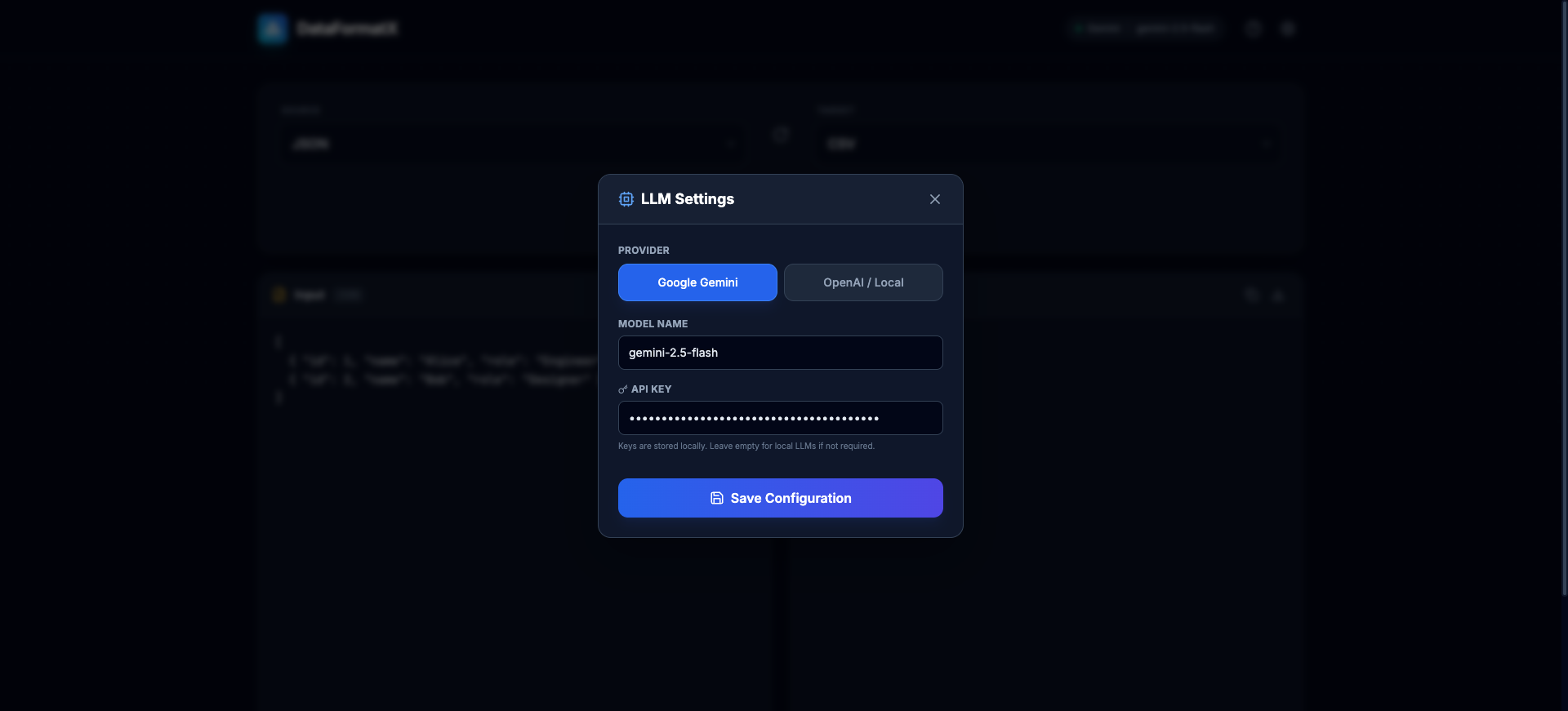 DataFormatX Settings Modal